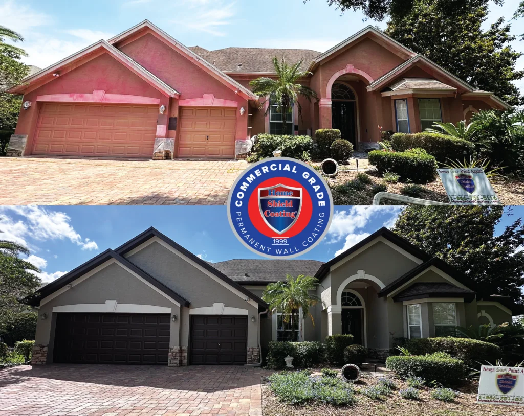 Before & After of Stucco House in Orlando, FL Coated With Home Shield Coating.