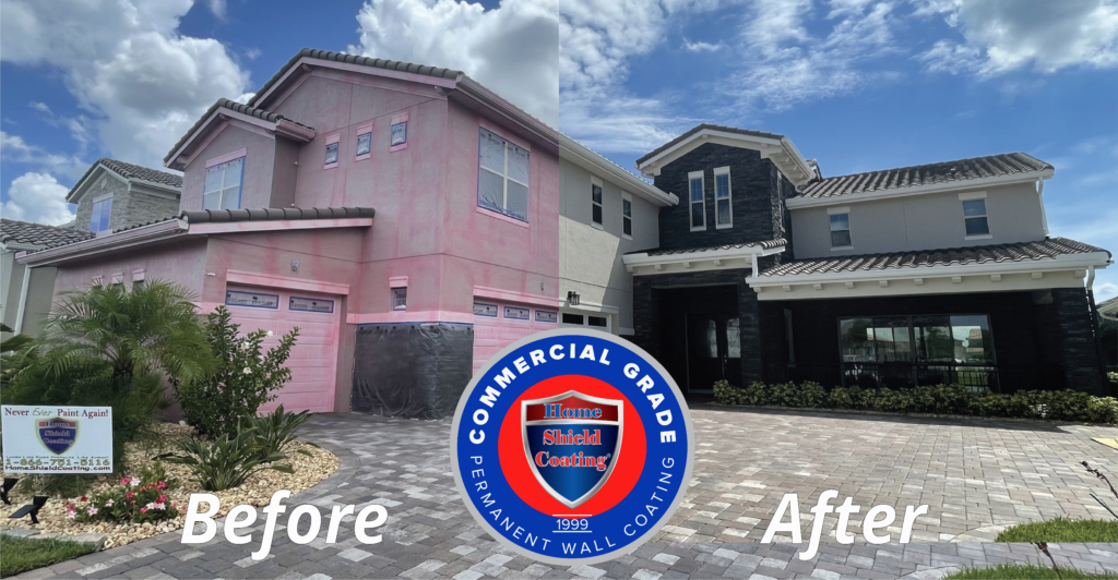 Before & After of Stucco House in Orlando, FL Coated With Home Shield Coating.